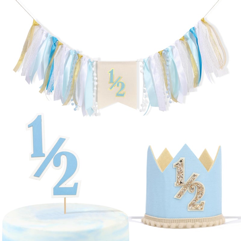 Jissoo Blue 12 Birthday Decorations Set Half Way to One High Chair BannerSimple 6 Months Party Cake TopperBlue 12 Birthday CrownHalf Cake Smash Party Photo Props - Image 2