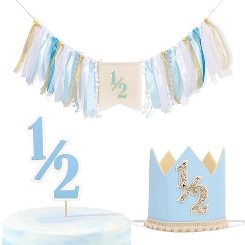 Jissoo Blue 12 Birthday Decorations Set Half Way to One High Chair BannerSimple 6 Months Party Cake TopperBlue 12 Birthday CrownHalf Cake Smash Party Photo Props - Image 1