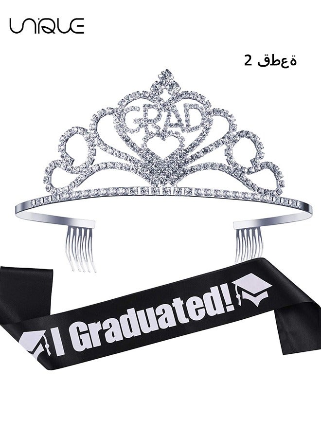 Unique 2Pcs Graduation Party Supplies Kits, Glittered Metal Graduation Princess Grad Crown Tiara and Graduated Sash Present for Graduation Party Decorations Grad Decor Favors (Black)  - Image 1