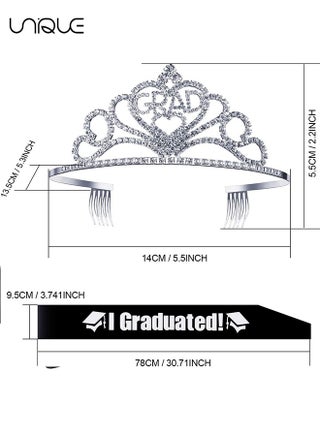 2Pcs Graduation Party Supplies Kits, Glittered Metal Graduation Princess Grad Crown Tiara and Graduated Sash Present for Graduation Party Decorations Grad Decor Favors (Black) - view 2