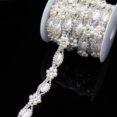 PEARLY JUN 1 Yard Pearl Rhinestone Trim Chain Silver String Crystal Applique Fringe Ribbon Strips Beads Sewing Dress DIY Party Wedding Bouquet for Decoration Bridal Costume Embellishment - Image 1