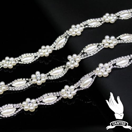 PEARLY JUN 1 Yard Pearl Rhinestone Trim Chain Silver String Crystal Applique Fringe Ribbon Strips Beads Sewing Dress DIY Party Wedding Bouquet for Decoration Bridal Costume Embellishment - Image 2