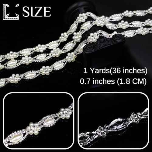 PEARLY JUN 1 Yard Pearl Rhinestone Trim Chain Silver String Crystal Applique Fringe Ribbon Strips Beads Sewing Dress DIY Party Wedding Bouquet for Decoration Bridal Costume Embellishment - Image 3