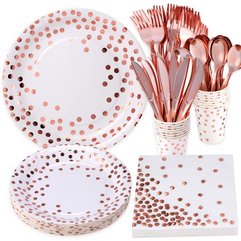 175PCS Rose Gold Party SuppliesRose Gold Dot on White Paper Plates Napkins and CupsDisposable Dinnerware Sets Plastic Forks Spoons and Knives Set Serve 25 for Wedding Birthday Party Decorations