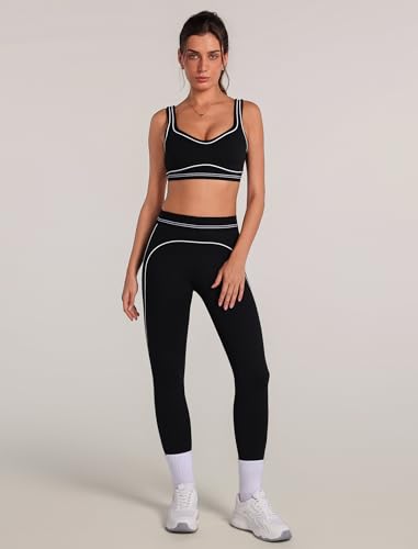 ABOCIW Workout Sets for Women Scoop Neck Contouring Contrast Stitching Sports Bra High Waist Leggings 2 Piece Gym Sets Athletic Yoga Pilates Outfits Black Medium - Image 3