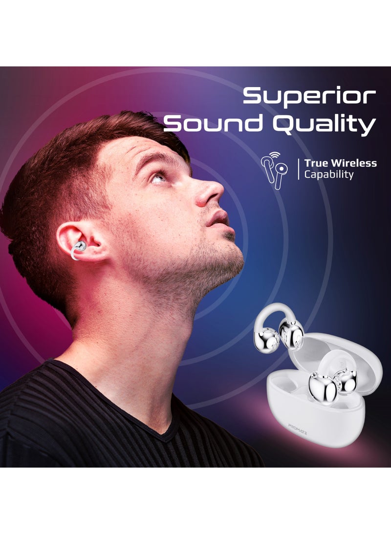 بروميت Promate True Wireless Earbuds with OWS Technology, Touch Control, Ergonomic Open-Ear Clip Design, 28-Hour Playtime, 500mAh Charging Case, IPX4 Water-Resistance White - Image 5