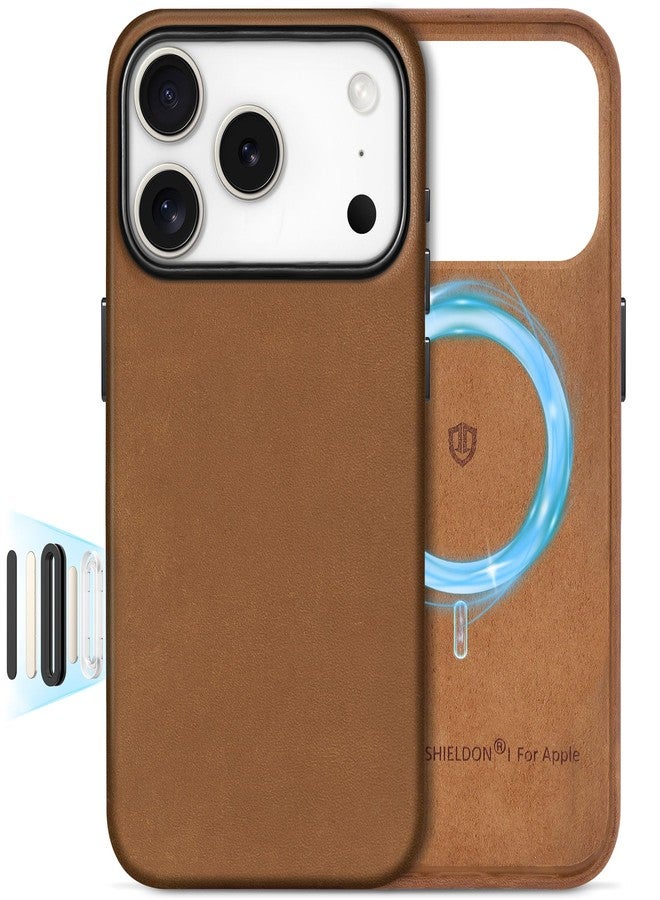 SHIELDON Case for iPhone 17 Pro 6.3-inch, Crazy Horse Leather, Magnetic Wireless Charging, Slim Fit, Non-Slip, Anti-Scratch, Metal Buttons, Shockproof Phone Cover - Brown - Image 1