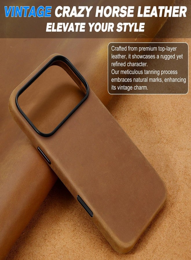 SHIELDON Case for iPhone 17 Pro 6.3-inch, Crazy Horse Leather, Magnetic Wireless Charging, Slim Fit, Non-Slip, Anti-Scratch, Metal Buttons, Shockproof Phone Cover - Brown - Image 3