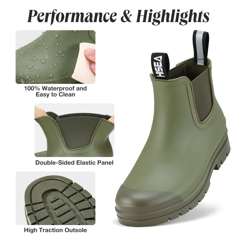 HISEA Women's Short Rain Boots Fashion Waterproof Chelsea Boots Ankle Garden Shoes for Ladies Non Slip Outdoor Work Booties Lightweight Rubber Rainboots with Comfort Insole, Size 11 Olive Green - Image 4