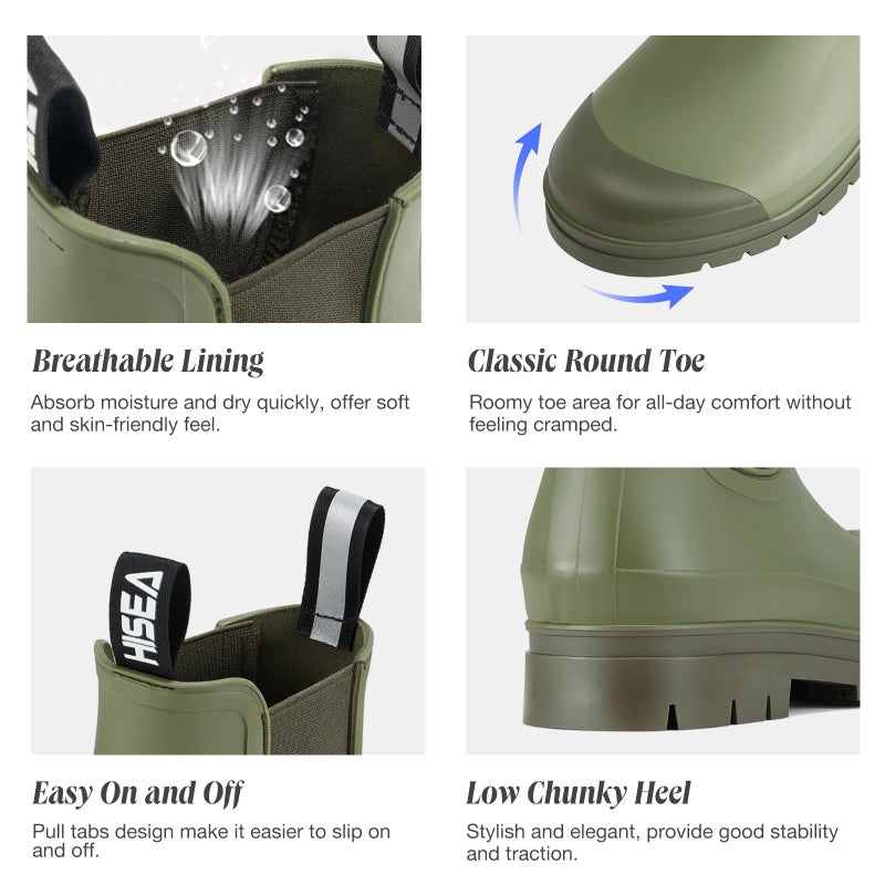HISEA Women's Short Rain Boots Fashion Waterproof Chelsea Boots Ankle Garden Shoes for Ladies Non Slip Outdoor Work Booties Lightweight Rubber Rainboots with Comfort Insole, Size 11 Olive Green - Image 5