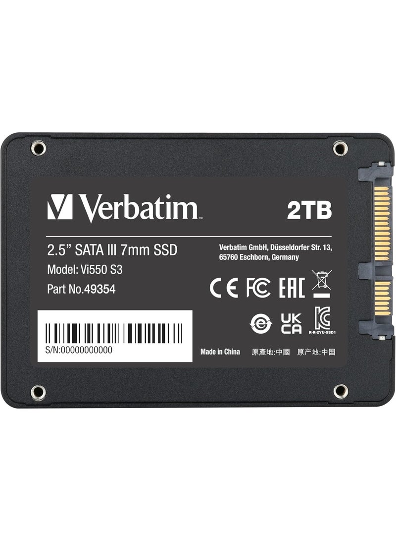 VERBATIM قرص صلب داخلي Verbatim Vi550 S3 SSD بسعة تخزين 2 تيرابايت، قرص صلب بحجم 2.5 بوصة بواجهة SATA III وتقنية NAND ثلاثية الأبعاد، أسود - Image 1