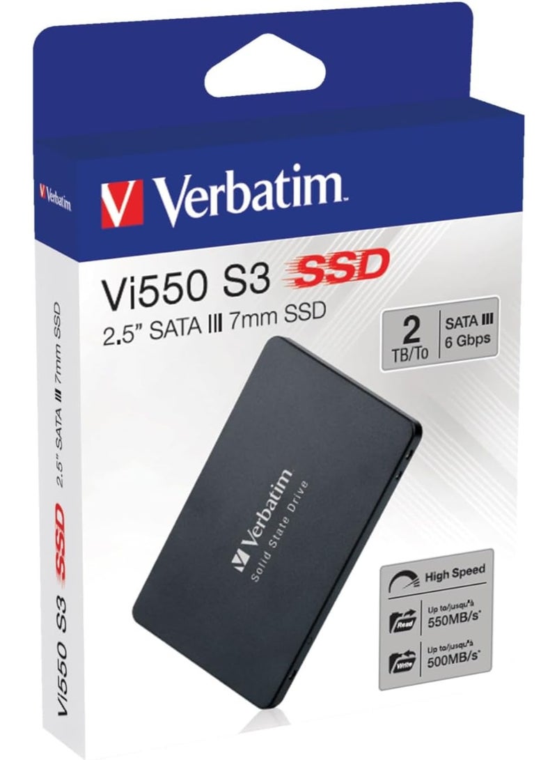 VERBATIM قرص صلب داخلي Verbatim Vi550 S3 SSD بسعة تخزين 2 تيرابايت، قرص صلب بحجم 2.5 بوصة بواجهة SATA III وتقنية NAND ثلاثية الأبعاد، أسود - Image 3