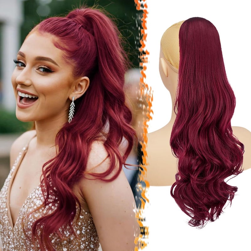 BARSDAR Burgundy Red Wavy Drawstring Ponytail Extensions 20 Inch Synthetic Drawstring Comb Clip in Ponytail Hair Extensions for Women Natural Looking Curly Wavy Red Pony Tails Hairpieces