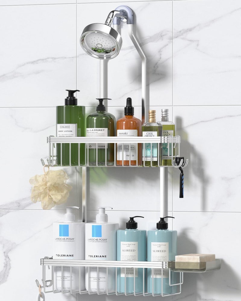 YASONIC Shower Caddy Hanging, Never Rust Shower Organizer Hanging, Aluminum Shower Racks for Inside Shower with Hooks for Razor, Bathroom Organizers and Storage with Soap Holder, Bright Silver - Image 1