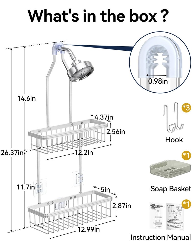 YASONIC Shower Caddy Hanging, Never Rust Shower Organizer Hanging, Aluminum Shower Racks for Inside Shower with Hooks for Razor, Bathroom Organizers and Storage with Soap Holder, Bright Silver - Image 2