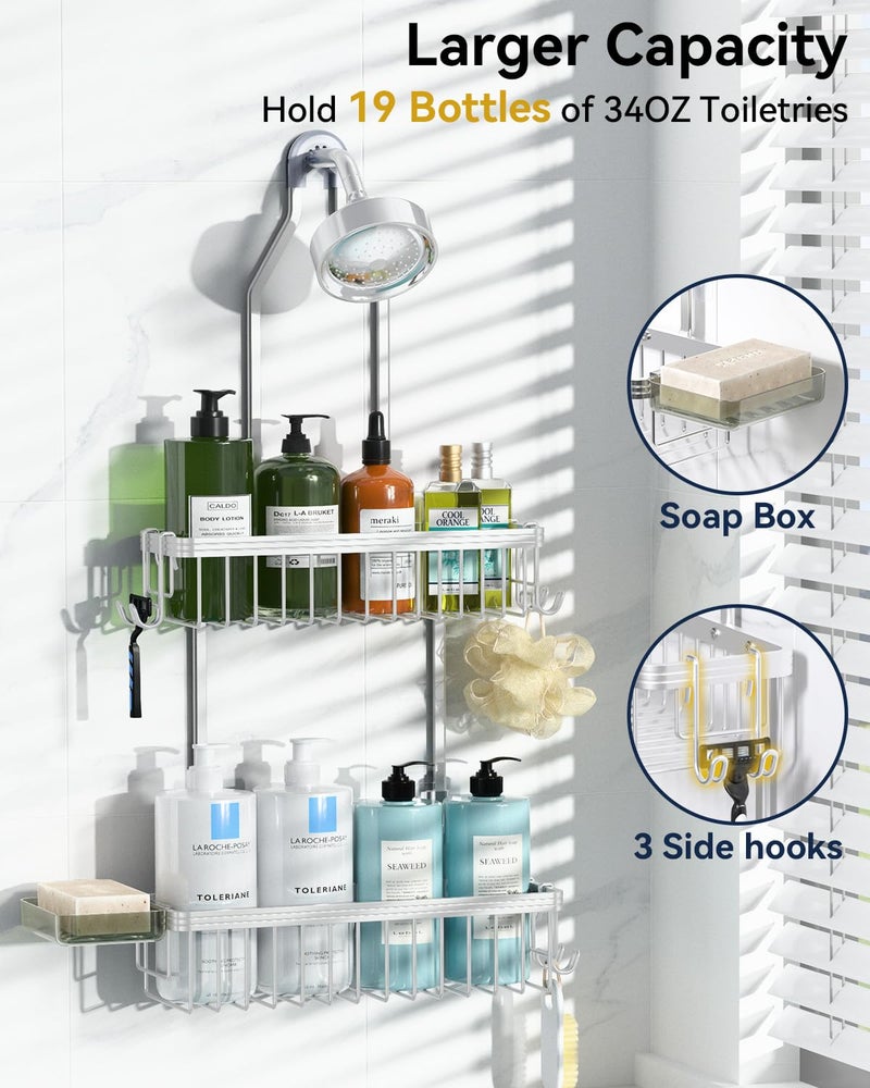 YASONIC Shower Caddy Hanging, Never Rust Shower Organizer Hanging, Aluminum Shower Racks for Inside Shower with Hooks for Razor, Bathroom Organizers and Storage with Soap Holder, Bright Silver - Image 3