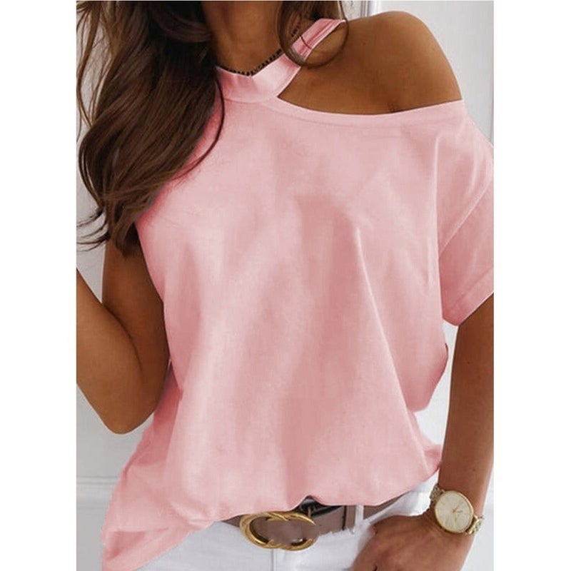 Spot 2023 New Cold Shoulder T-Shirt Collar Solid Color Women'S T-Shirt - Image 5
