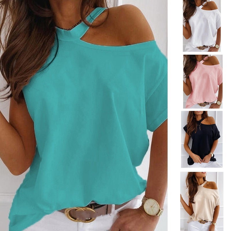 Spot 2023 New Cold Shoulder T-Shirt Collar Solid Color Women'S T-Shirt - Image 2