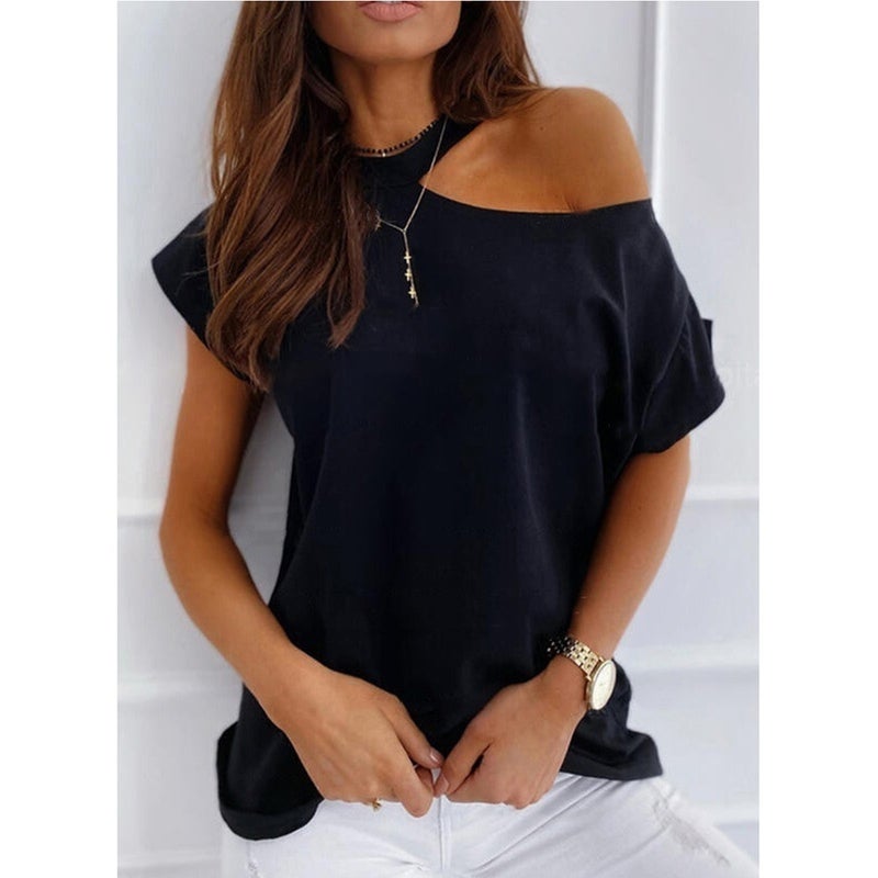 Spot 2023 New Cold Shoulder T-Shirt Collar Solid Color Women'S T-Shirt - Image 4
