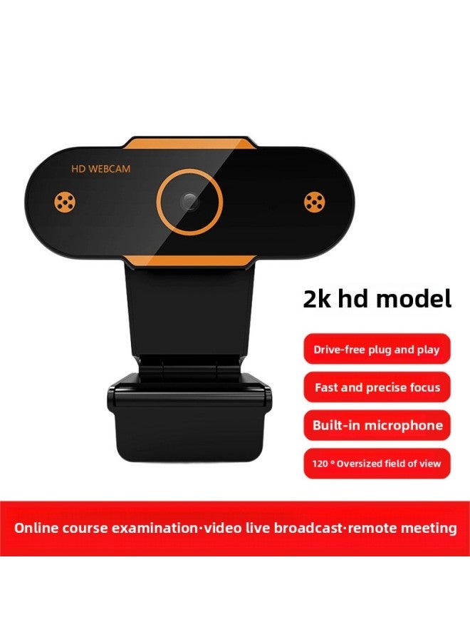 Home Desktop Computer Camera Live HD Camera Head Usb Notebook External Video Conference Friends-Color:Orange 2k★[automatic Focus + Built-in Microphone]  - Image 1