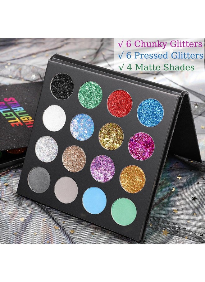 Ucanbe Glitter Eyeshadow Makeup Palette - 12 Face Body Chunky & Fine Pressed Glitter + 4 Eye Shadow Powder Make Up Pallet For Theater Party Cosplay Halloween Christmas, Highly Pigmented Ultra Shimmer  - Image 3