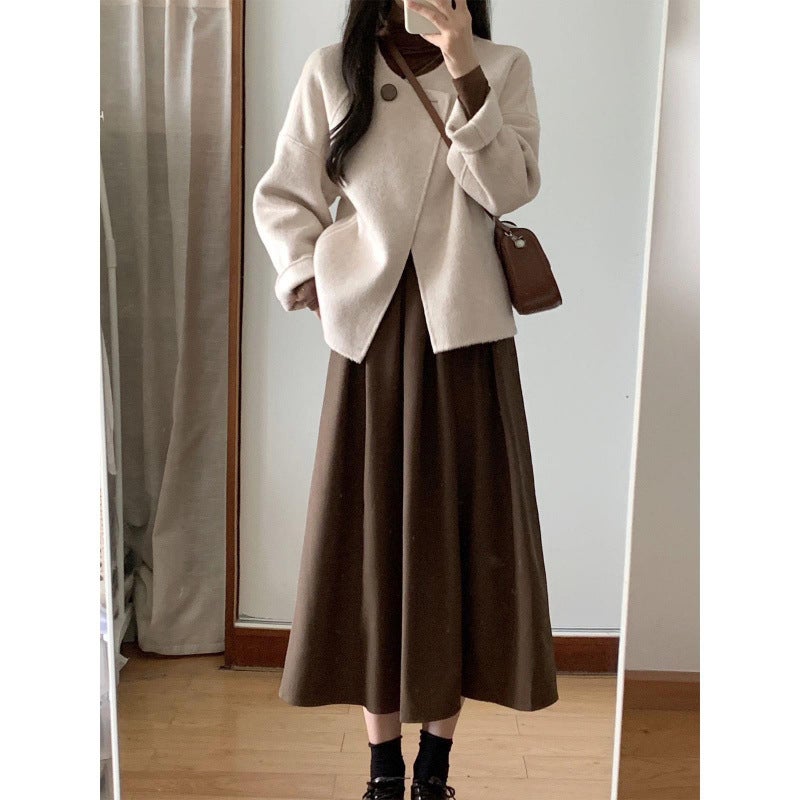 Spring Cape Wool Coat  Skirt Set for Women White woolen jacket [single piece]