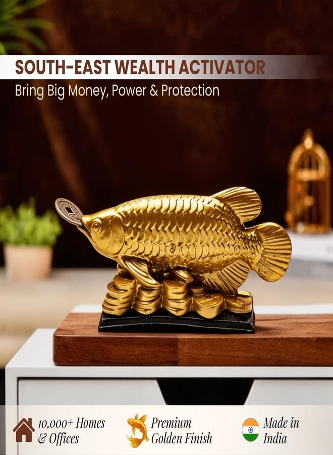 Plus Value Feng Shui Golden Arowana Fish Statue Showpiece with Coin in Mouth Wealth Symbol, Protects Mishaps, Troubles Vastu Products Home & Office Decor Decoration Gifting (Fiber) - Image 2