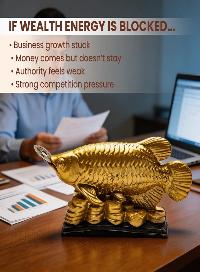 Plus Value Feng Shui Golden Arowana Fish Statue Showpiece with Coin in Mouth Wealth Symbol, Protects Mishaps, Troubles Vastu Products Home & Office Decor Decoration Gifting (Fiber) - Image 4