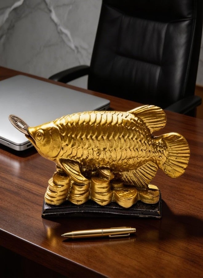 Plus Value Feng Shui Golden Arowana Fish Statue Showpiece with Coin in Mouth Wealth Symbol, Protects Mishaps, Troubles Vastu Products Home & Office Decor Decoration Gifting (Fiber) - Image 1