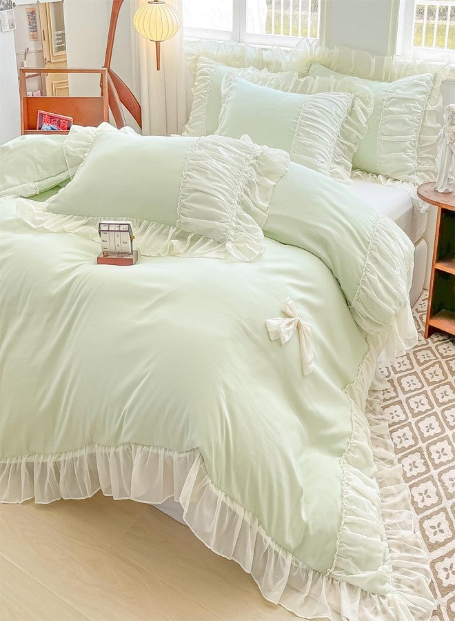 MOOWOO Chic Lace Bedding with Lovely Bow-Romantic Ruffle Duvet Cover Set, 3 Piece Comforter Duvet Cover with Zipper Closure, French Princess Style,Coquette Room Decor-Green,Full Size - Image 2