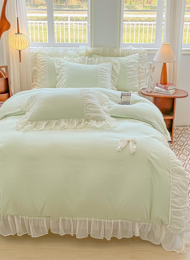 MOOWOO Chic Lace Bedding with Lovely Bow-Romantic Ruffle Duvet Cover Set, 3 Piece Comforter Duvet Cover with Zipper Closure, French Princess Style,Coquette Room Decor-Green,Full Size - Image 4