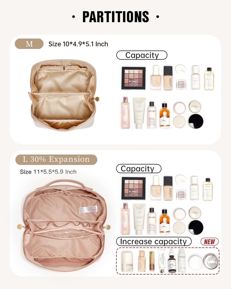 EACHY Travel Makeup Bag, Large Capacity Cosmetic Bags for Women, Waterproof Portable Open Flat Toiletry Bag Make up Bag with Divider and Handle (Large-Pink, Large) - Image 3
