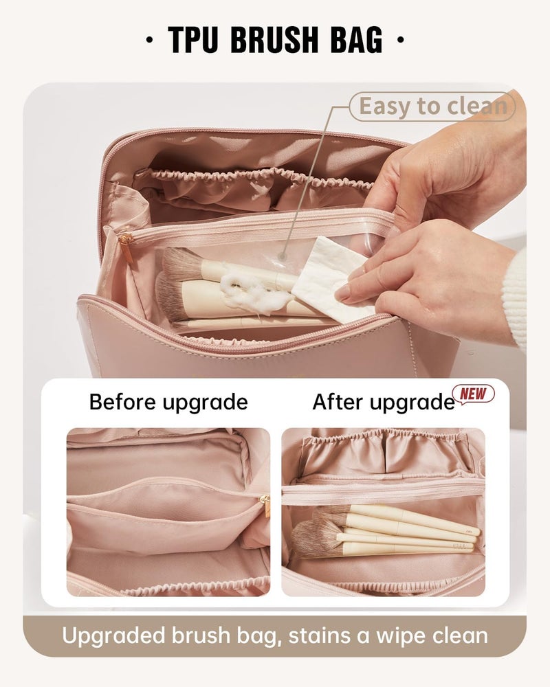 EACHY Travel Makeup Bag, Large Capacity Cosmetic Bags for Women, Waterproof Portable Open Flat Toiletry Bag Make up Bag with Divider and Handle (Large-Pink, Large) - Image 4