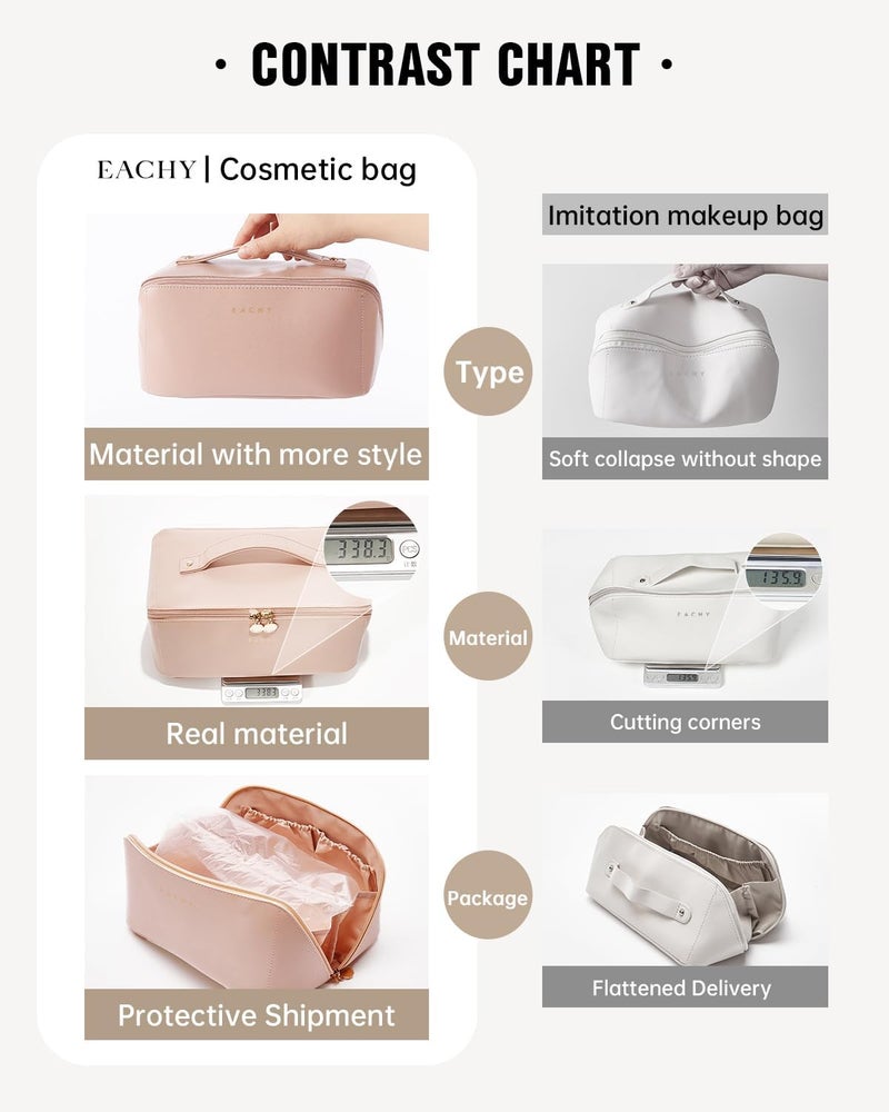 EACHY Travel Makeup Bag, Large Capacity Cosmetic Bags for Women, Waterproof Portable Open Flat Toiletry Bag Make up Bag with Divider and Handle (Large-Pink, Large) - Image 5