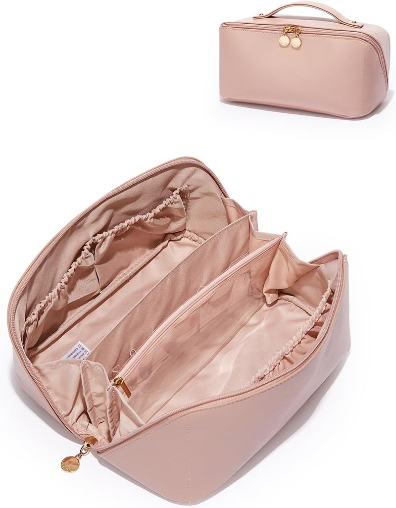 EACHY Travel Makeup Bag, Large Capacity Cosmetic Bags for Women, Waterproof Portable Open Flat Toiletry Bag Make up Bag with Divider and Handle (Large-Pink, Large) - Image 1