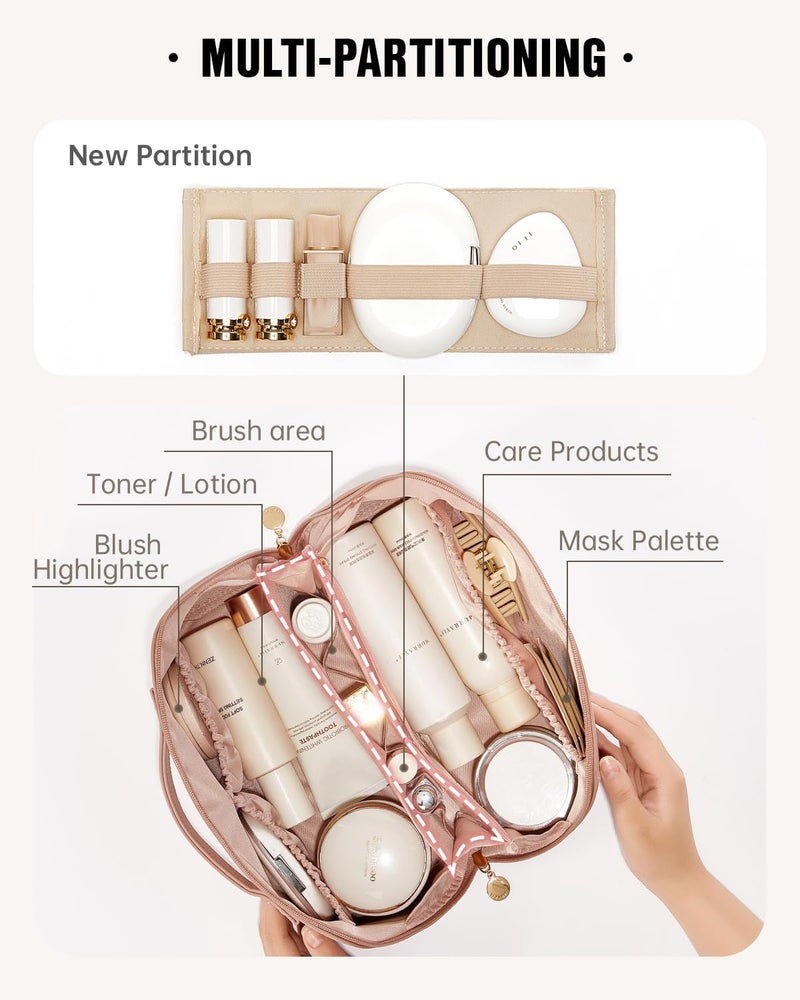 EACHY Travel Makeup Bag, Large Capacity Cosmetic Bags for Women, Waterproof Portable Open Flat Toiletry Bag Make up Bag with Divider and Handle (Large-Pink, Large) - Image 2