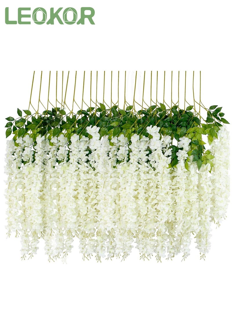 ليوكور 24 قطعة من زهرة الوستارية الاصطناعية المزيفة، إكليل من الحرير الكثيف من راتا معلق لحفلات الزفاف والحديقة الخارجية وديكور جدار المنزل أبيض/أخضر - Image 1