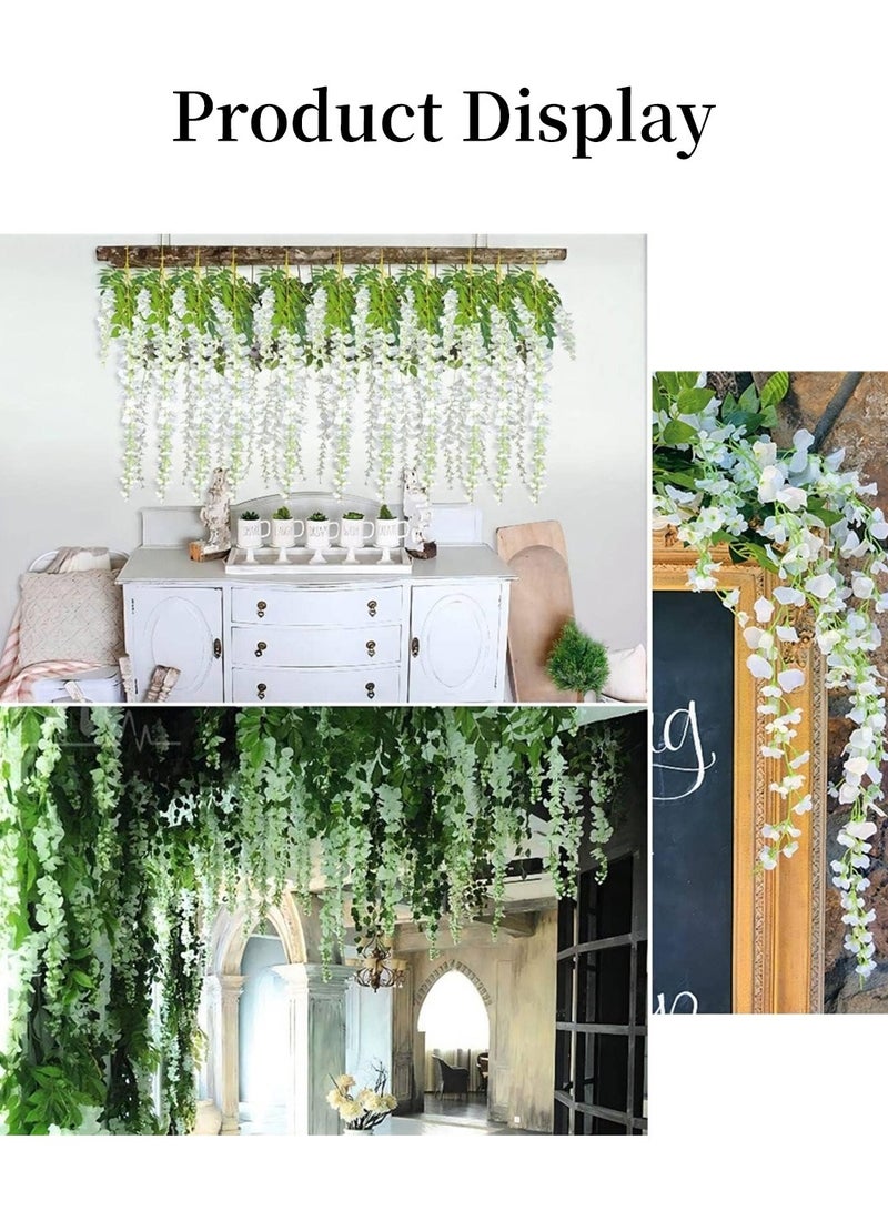 ليوكور 24 قطعة من زهرة الوستارية الاصطناعية المزيفة، إكليل من الحرير الكثيف من راتا معلق لحفلات الزفاف والحديقة الخارجية وديكور جدار المنزل أبيض/أخضر - Image 2
