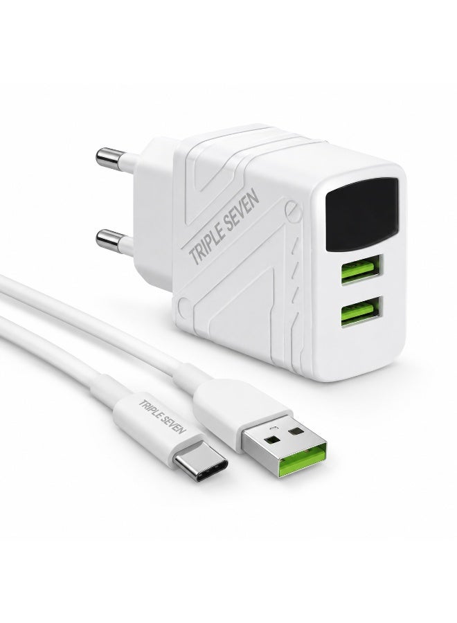 777 Triple Seven 777 T7-203 Fast Wall Charger 3.1A Output, Dual USB Ports with Intelligent LED Indicator & 1M Type-C Cable - White - Image 1