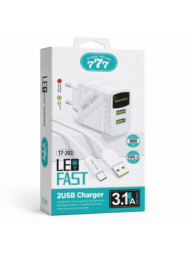 777 Triple Seven 777 T7-203 Fast Wall Charger 3.1A Output, Dual USB Ports with Intelligent LED Indicator & 1M Type-C Cable - White - Image 3