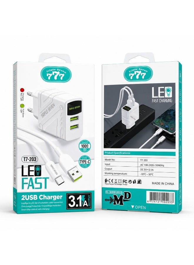 777 Triple Seven 777 T7-203 Fast Wall Charger 3.1A Output, Dual USB Ports with Intelligent LED Indicator & 1M Type-C Cable - White - Image 4