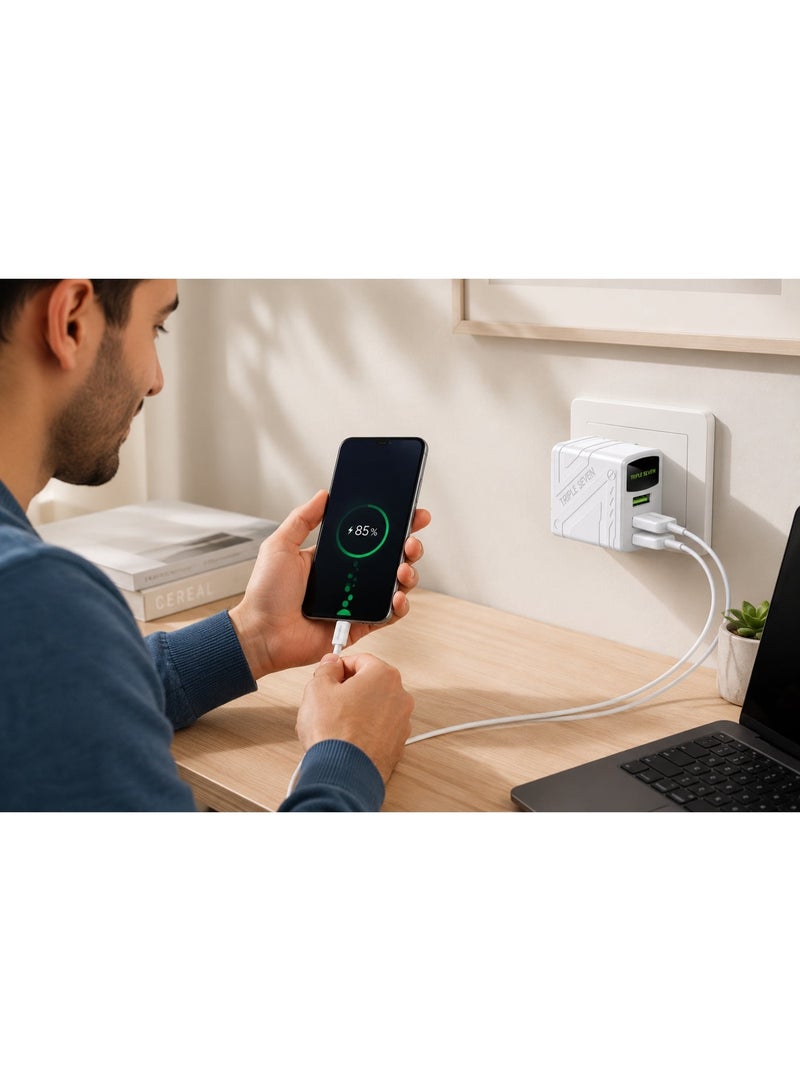 777 Triple Seven 777 T7-203 Fast Wall Charger 3.1A Output, Dual USB Ports with Intelligent LED Indicator & 1M Type-C Cable - White - Image 2