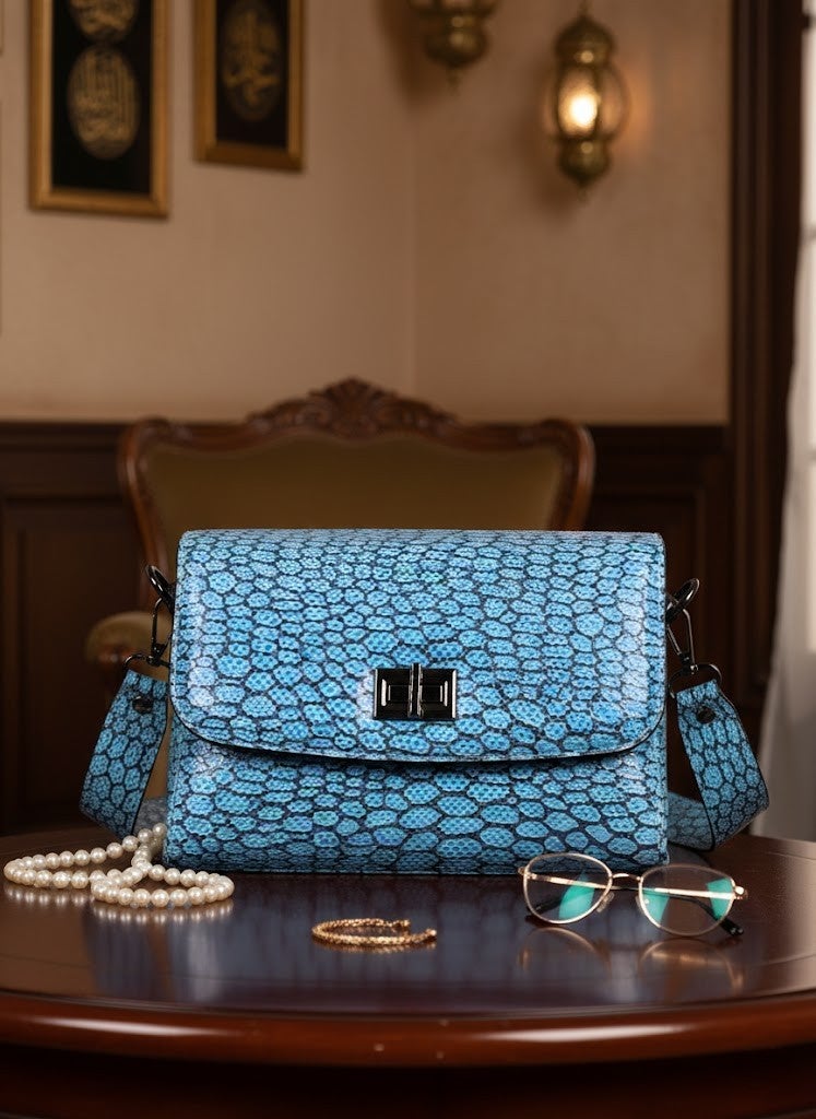 Elegant Teal Snake Print Crossbody Bag - Image 2