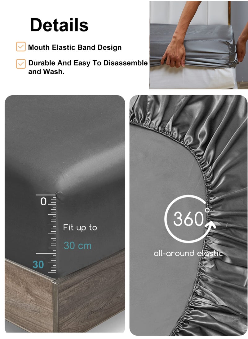 Arabest 4 PieceLuxury Silk Feel Satin Sheet & Pillowcase Sets Full Bedding Set 1 Flat Sheet 1 Fitted Sheet  2 Pillow Cases  Silky Satin Dark Grey  - Image 2