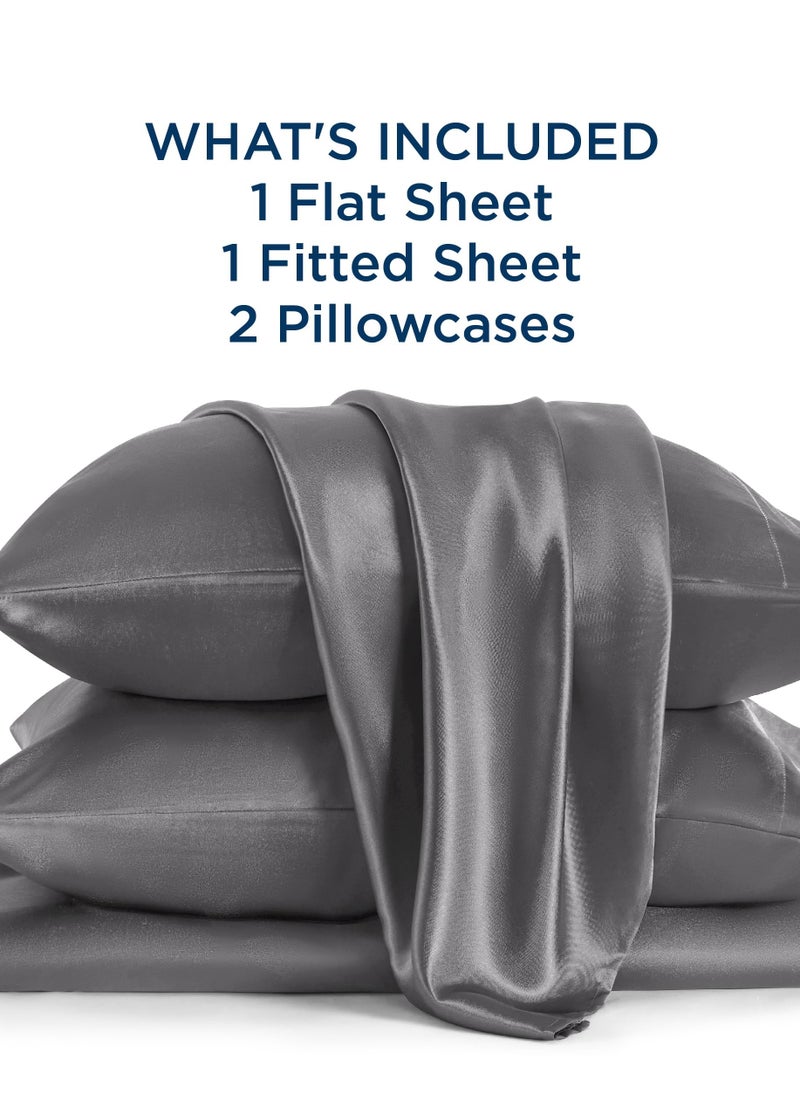 Arabest 4 PieceLuxury Silk Feel Satin Sheet & Pillowcase Sets Full Bedding Set 1 Flat Sheet 1 Fitted Sheet  2 Pillow Cases  Silky Satin Dark Grey  - Image 4