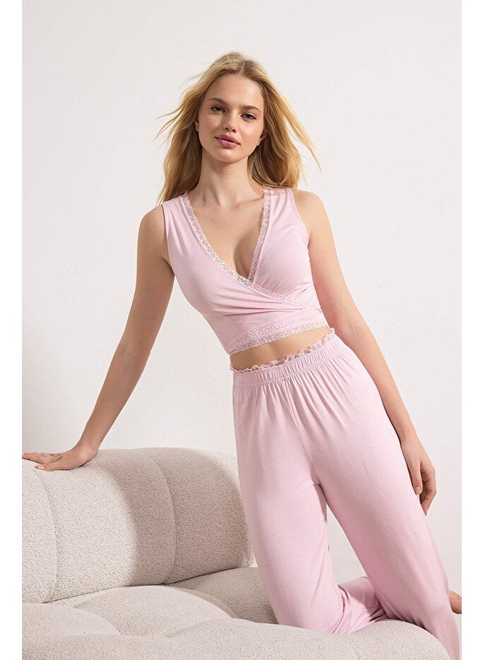 ARCO STORE Pink Double-Breasted Lace Detail Viscose Knit Pajama - Image 1