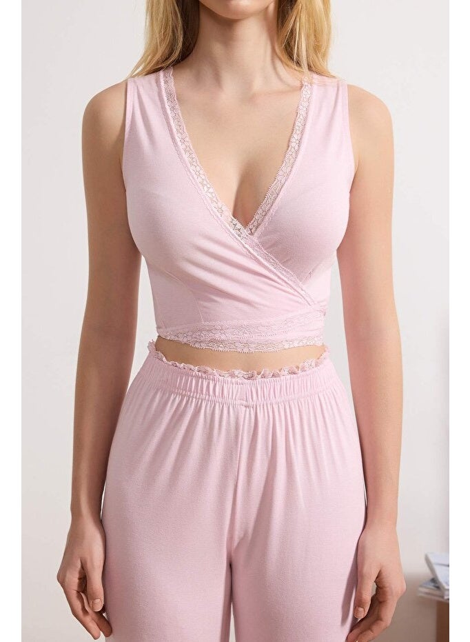 ARCO STORE Pink Double-Breasted Lace Detail Viscose Knit Pajama - Image 2