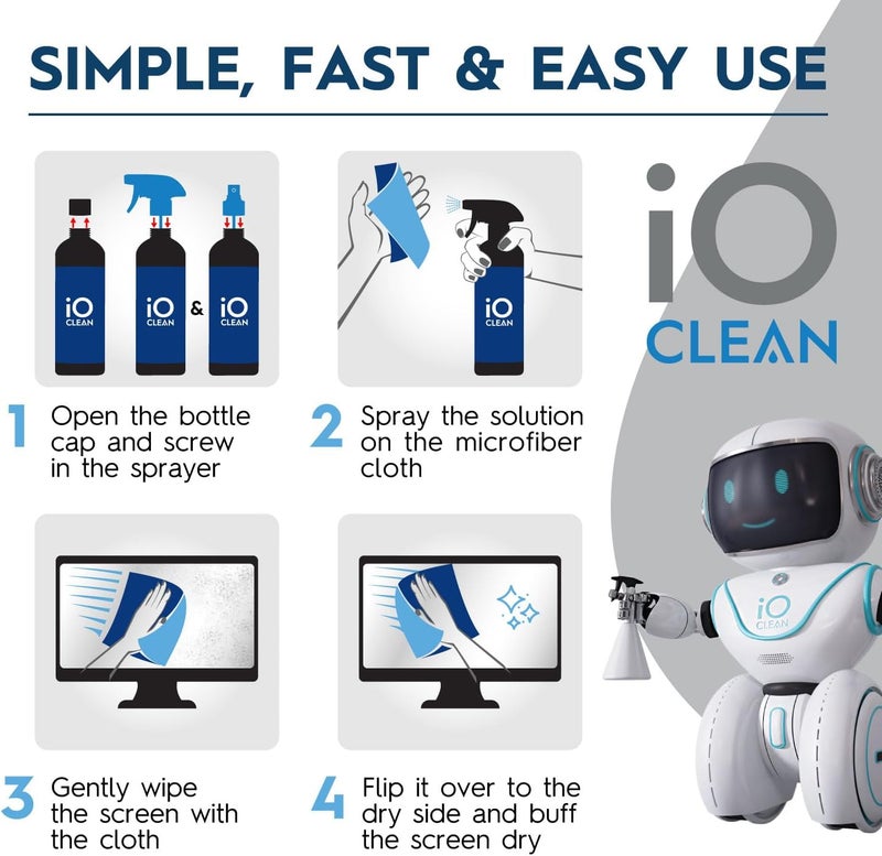 iO CLEAN Screen Cleaner Spray (16oz - 473ml) – Best Large Cleaning Kit for LCD LED OLED TV, Smartphone, iPad, Laptop, Touchscreen, Computer Monitor, Electronic Devices, Microfiber Cloth Wipes and 2 Nozzles - Image 4