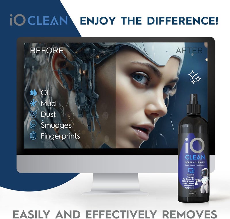 iO CLEAN Screen Cleaner Spray (16oz - 473ml) – Best Large Cleaning Kit for LCD LED OLED TV, Smartphone, iPad, Laptop, Touchscreen, Computer Monitor, Electronic Devices, Microfiber Cloth Wipes and 2 Nozzles - Image 5