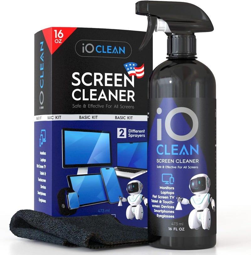 iO CLEAN Screen Cleaner Spray (16oz - 473ml) – Best Large Cleaning Kit for LCD LED OLED TV, Smartphone, iPad, Laptop, Touchscreen, Computer Monitor, Electronic Devices, Microfiber Cloth Wipes and 2 Nozzles - Image 1